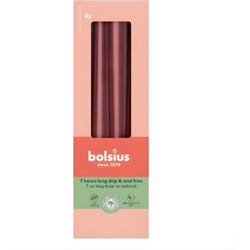 Bolsius Galda sveces 4gab.kastē 245/24mm tum&scaron;i sarkanas