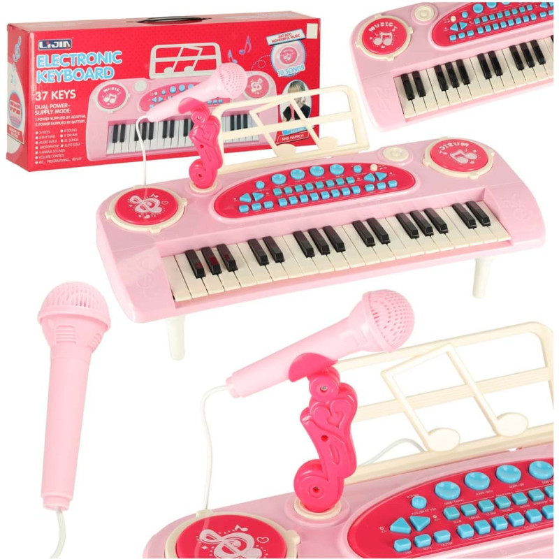 Children's keyboard – interactive piano / organ with 37 keys, microphone, and stand, pink