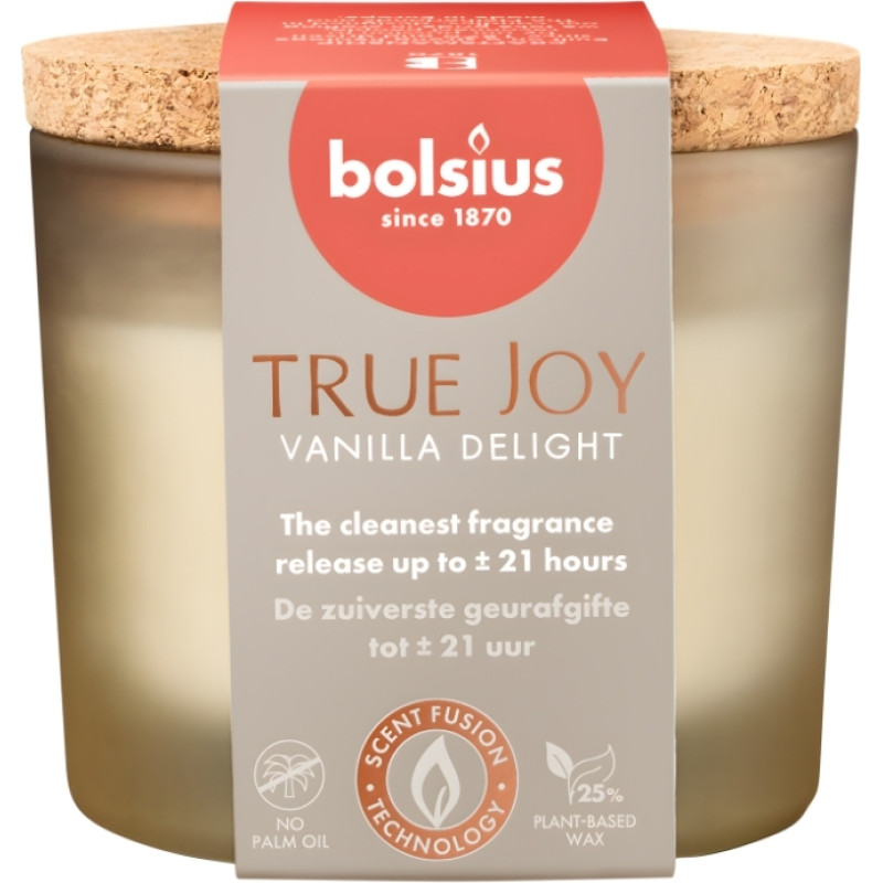 Bolsius Svece arom. stikla gl. ar korķi True Joy &Oslash;66x83mm vanilla delight