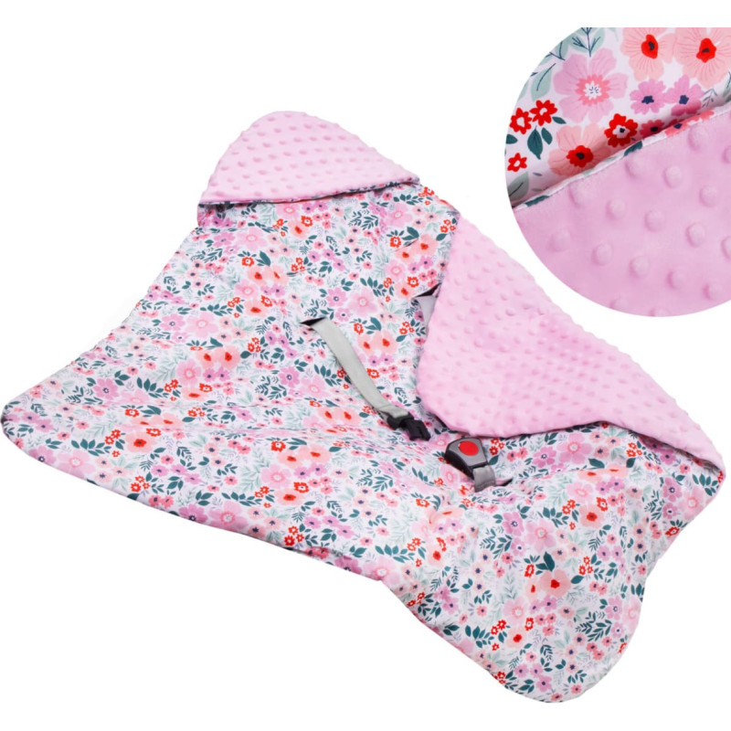 Springos Baby wrap for car seat and carrier Springos SB0052, 77x77 cm, reversible blanket with hood, floral design, pink/multicolor
