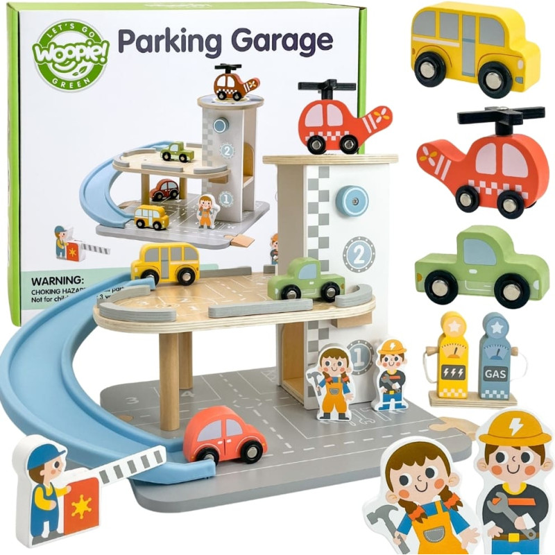 Woopie GREEN Drewniany Parking Piętrowy 2w1 Stacja Benzynowa z Autkami i Figurkami 12 el. FSC