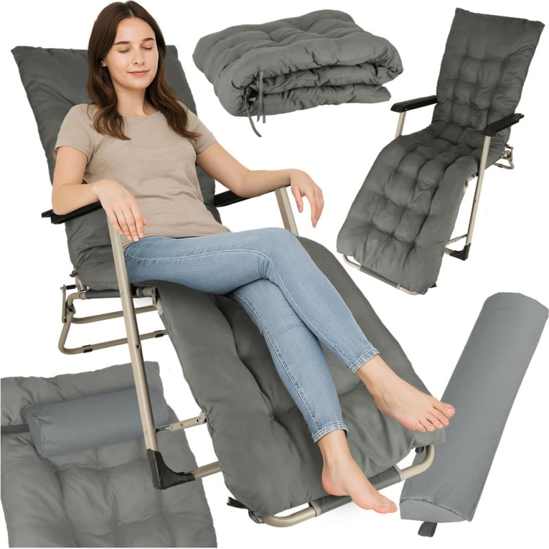 LUARO foldable garden and camping lounge chair with cushion, grey