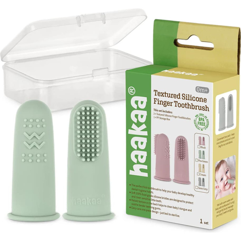 Bibs Pirkstu zobu birste Haaka Silicone Finger Toothbrush 2pcs Pea Green