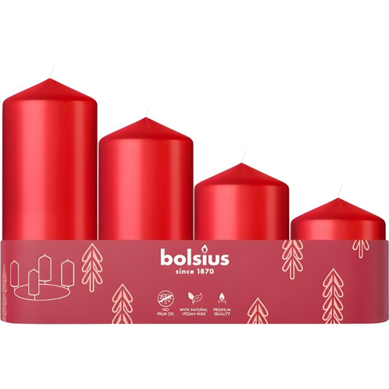 Bolsius Sveces cilindrs 4 gab. &Oslash;120, 100, 80, 60x48mm sarkanas