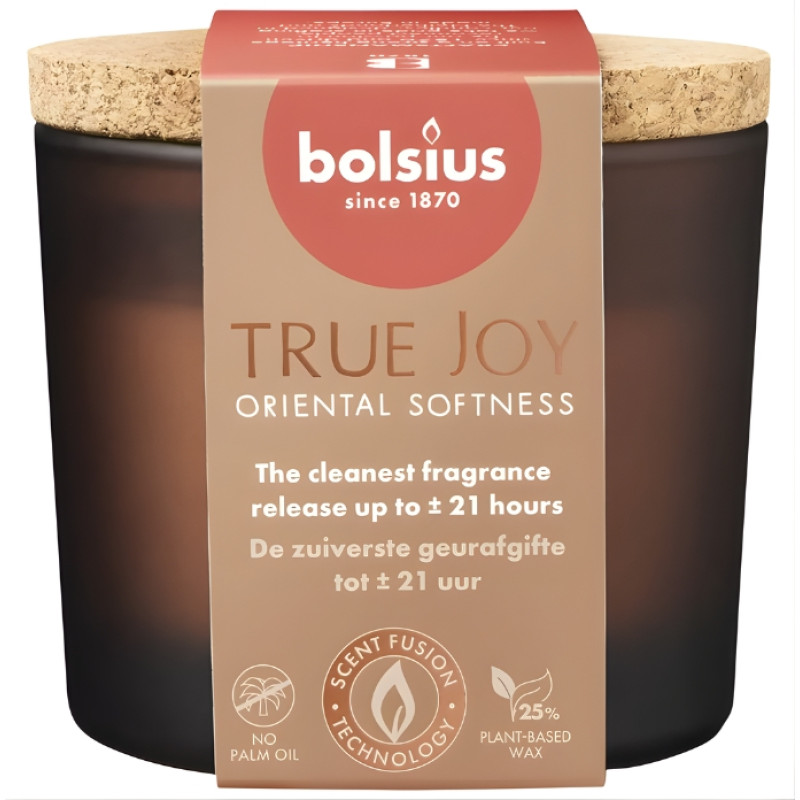 Bolsius Svece arom. stikla gl. ar korķi True Joy &Oslash;66x83mm oriental softness