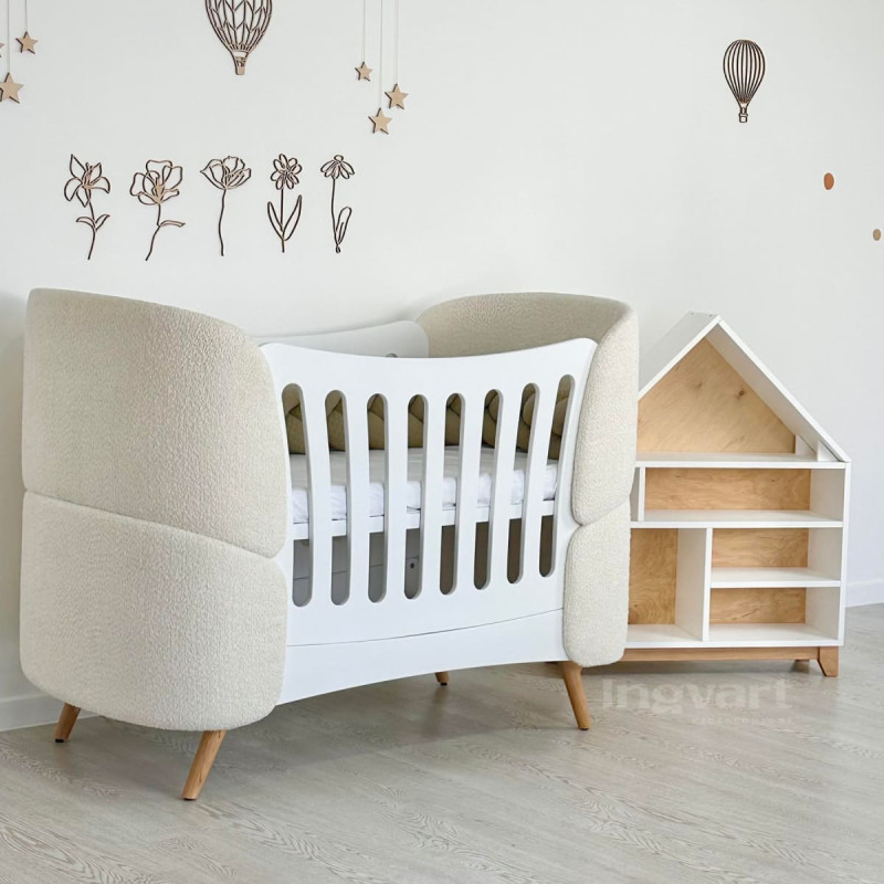 Ingvart oval baby crib Transformers Fly Bed – white Bouclé fabric