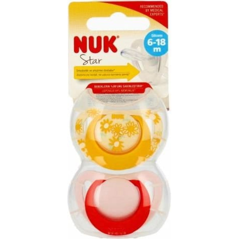 NUK 736748 Smoczek uspokajający 2 el. 6-18m STAR ż&oacute;łty/r&oacute;żowy