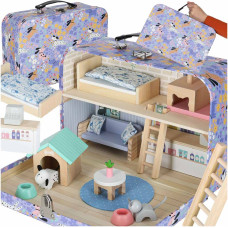 Animal spa hotel suitcase house with wooden furniture and figures