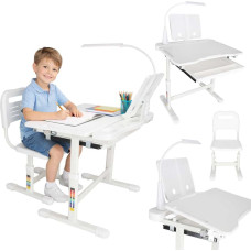 Adjustable Children’s School Desk with Chair and USB LED Lamp – White