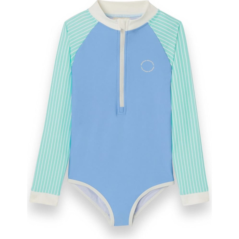 Kietla ICONIC swimsuit with UPF 50+ sun protection fabric and UV sensor, for ages 4&ndash;6, purple stripes