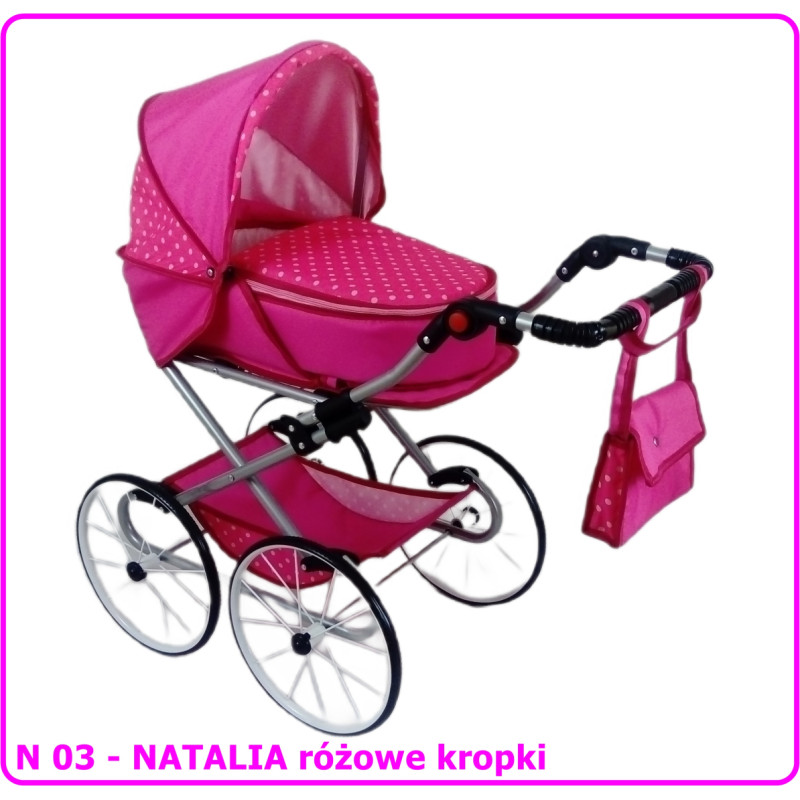 Minikid Wózek dla lalek głęboko-spacerowy NATALIA RETRO N03 różowe kropki