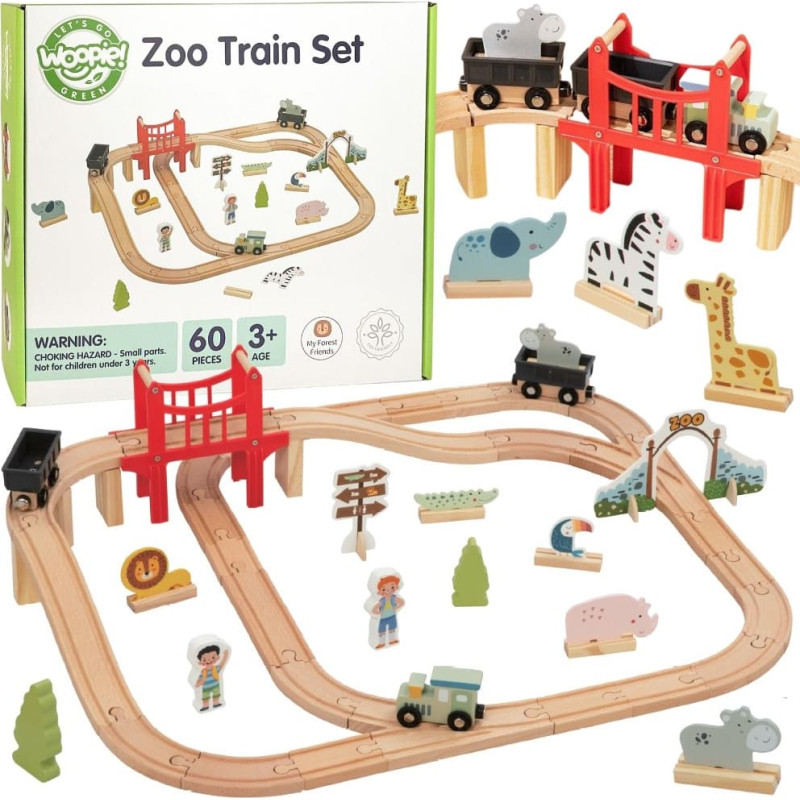 Woopie GREEN Drewniana Kolejka ZOO Zestaw XL Pociąg na Magnes Tor 60 el. FSC