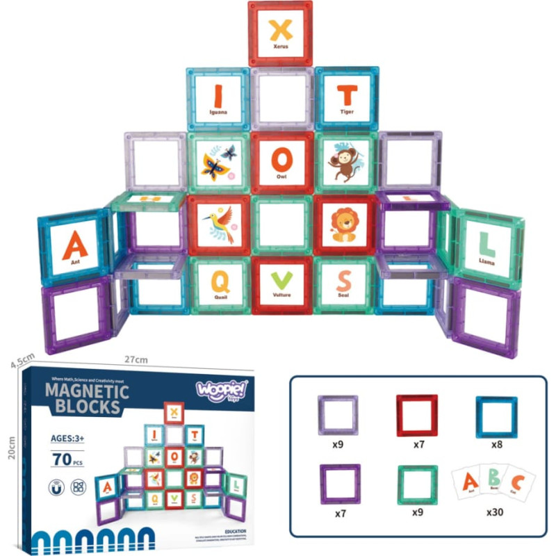 Woopie 3D Magnetic Blocks – Alphabet Learning, 70 pcs