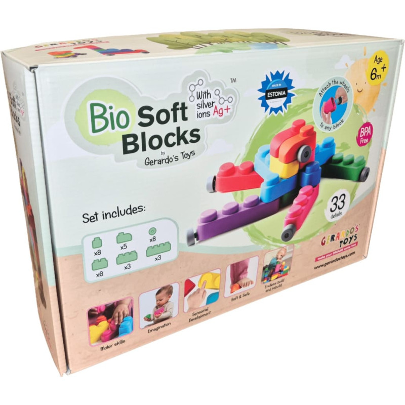 Gerardo's Toys Pehmete klotside komplekt + rattad 33 tk