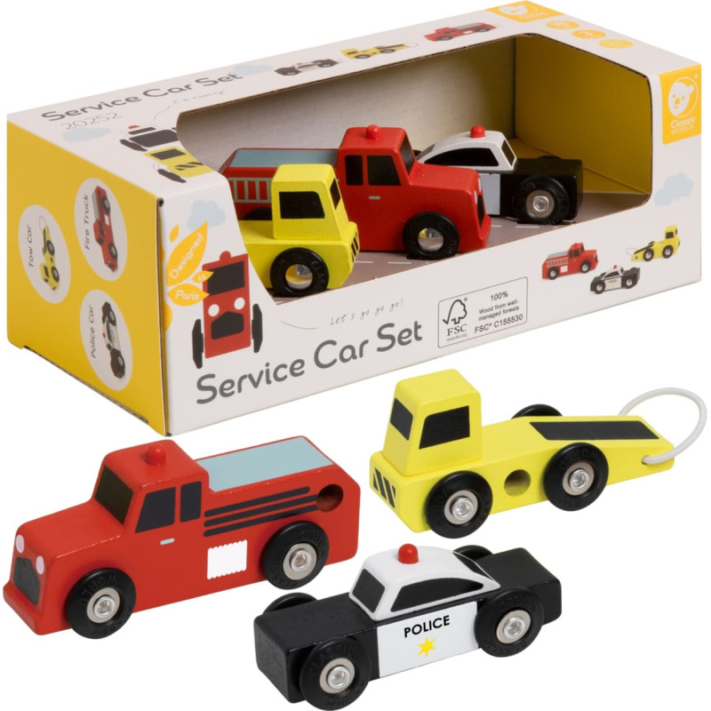 Classic World Drewniane Samochodziki Policja Straż Laweta Zestaw 3 szt.