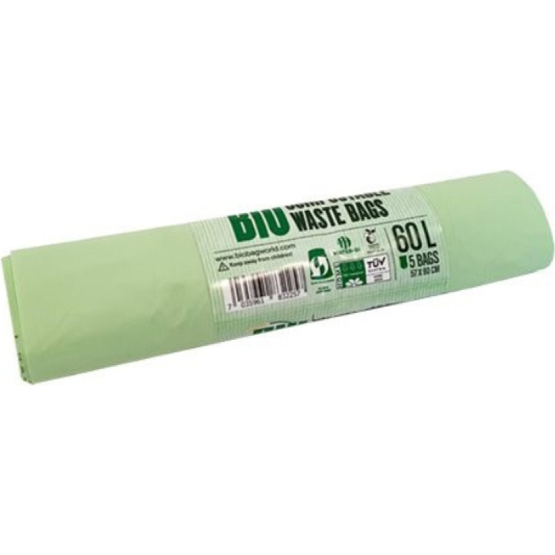 Biobag Atkritumu maisi kompostējami BioBag 60L (5 gab. rullī) 17mkr. 57x90cm zaļi