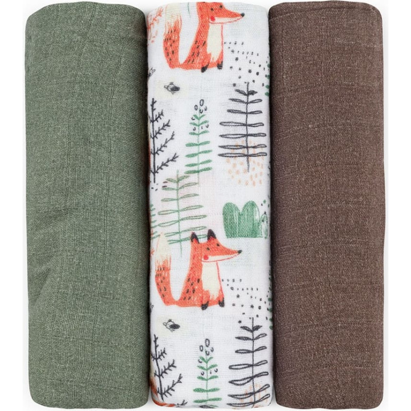 Petite&Mars 415366 Zestaw pieluszek z muślinu bambusowego 3 szt 68x68 cm Forest Fox