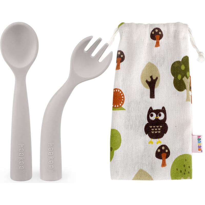 Haakaa Elastīgo silikona galda piederumu komplekts Haaka Bendy Silicone Cutlery Set - Suva Grey