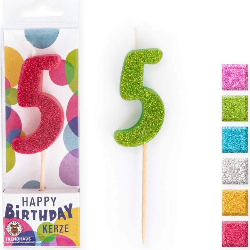 Trendhaus Birthday Fun - Number candles with glitter - Mini - 5 (6 different colours)