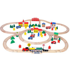 Wooden train track with accessories, 100 pcs. set