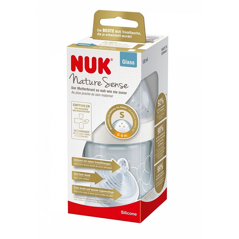 NUK NATURE SENSE 120ml glass bottle with silicone teat 0m + 10747088 white