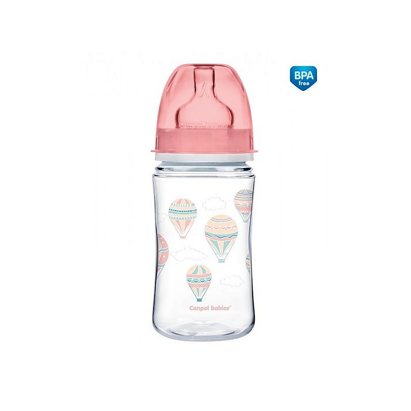 CANPOL BABIES EasyStart IN THE CLOUDS PP bottle with 240ml wide neck and silicone teat 3m + 35/225 pink