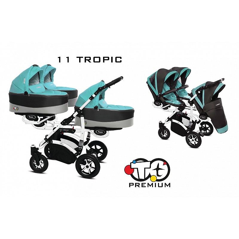 BABYACTIVE TRIPPY Premium stroller for triplets 2in1, 11 TROPIC GREEN with white frame