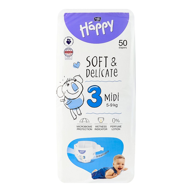 HAPPY MIDI diapers 3. size 5-9kg 50pcs. BB-054-MU50-W01