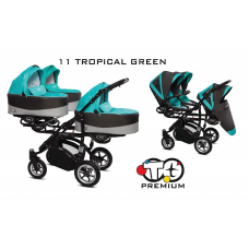 BABYACTIVE TRIPPY Premium stroller for triplets 2in1, 11 TROPICAL GREEN with black frame