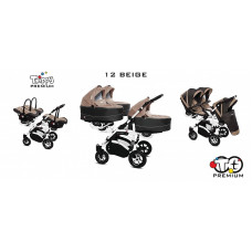 BABYACTIVE TRIPPY Premium Stroller for triplets 3in1 12 BEIGE with white frame