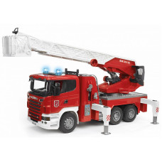 BRUDER 1:16 ugunsdzēsēju mašīna Scania R-Series ar pagriežamām kāpnēm un ūdens sūkni, 03590