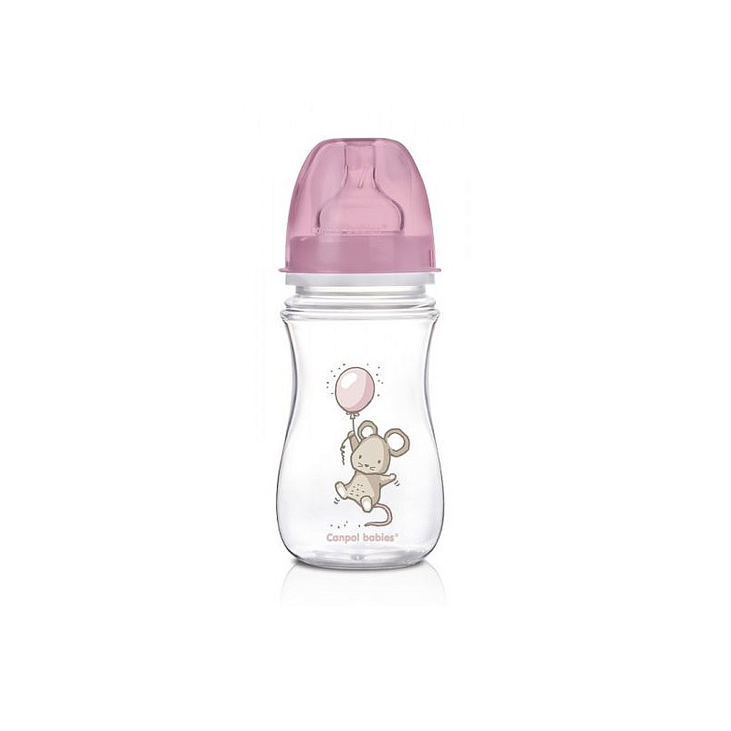 CANPOL BABIES EasyStart Little Cutie PP 240ml bottle with a wide neck and a silicone nipple 3m + 35/219 pink