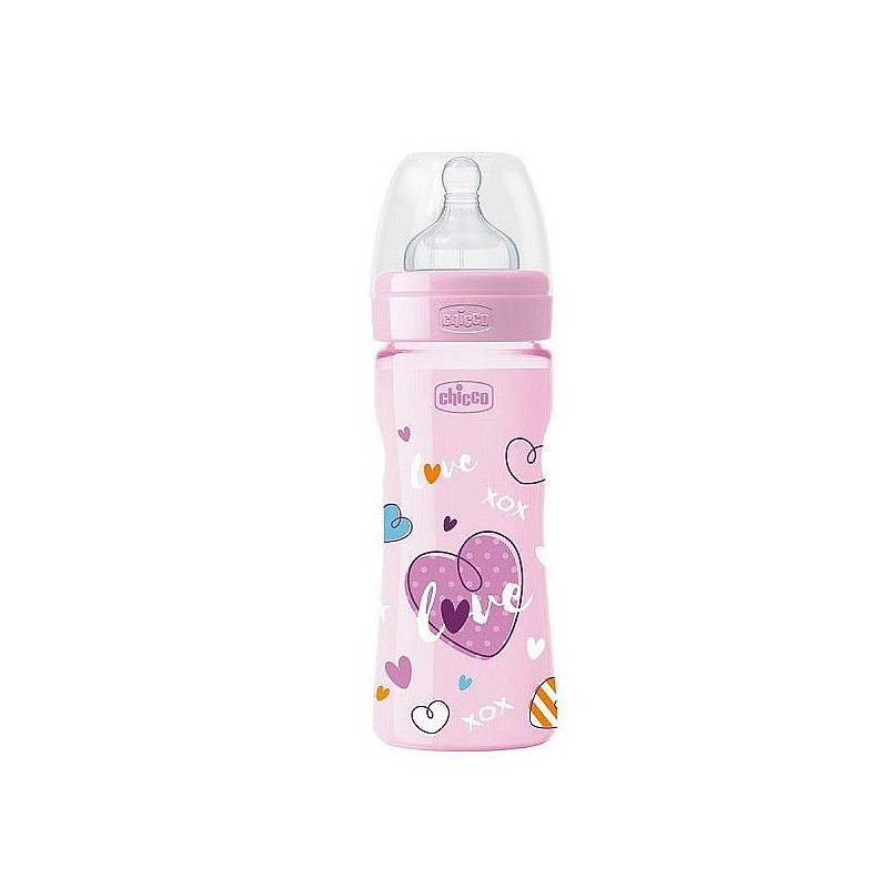 CHICCO Well-being LOVE feeding bottle with silicone teat 250ml., 09562.00 pink, SALE