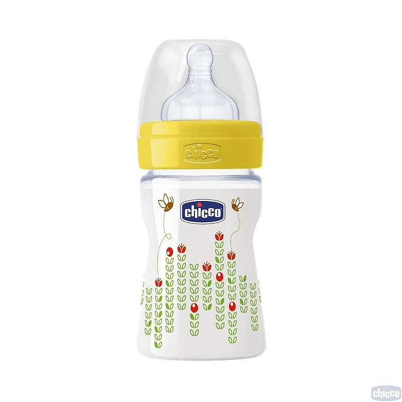 CHICCO WELLBEING plastmasas pudele ar silikona knupīti 0m+ 150ml dzeltens 20611.30