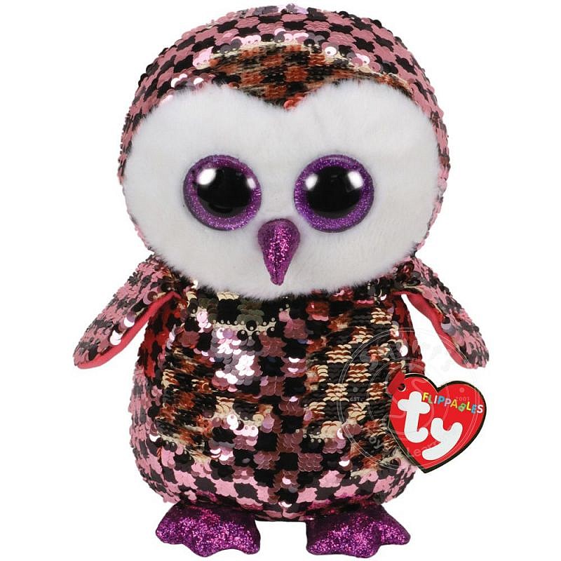 TY Flippables Toy CHECKS SEQUIN PINK BLACK OWL reg 24cm, TY36785