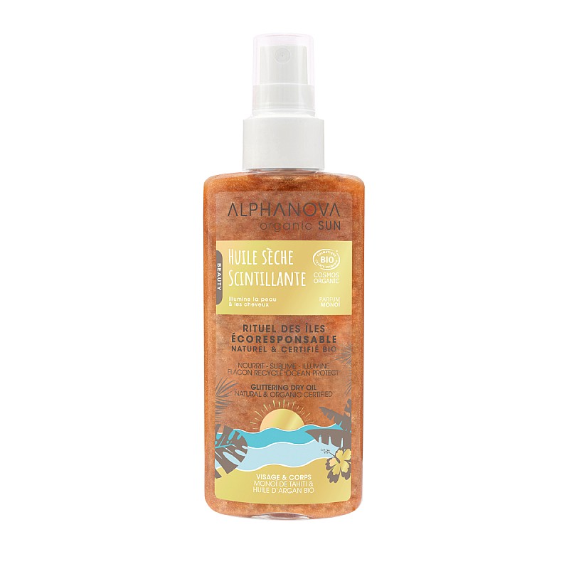 ALPHANOVA SUN organic sparkling and moisturizing dry oil with the scent of monoi flower, 125 ml ASUNHSS