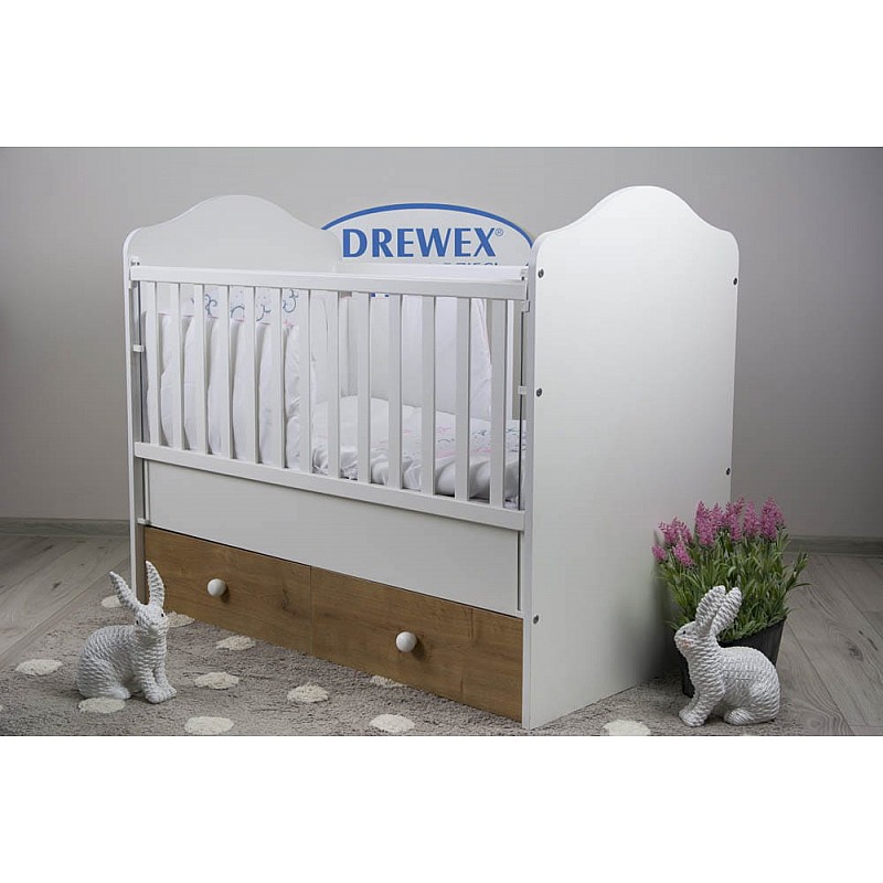 DREWEX BASILIO baby cot with drop-down side and storage box 120x60cm, burlington oak