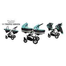 BABYACTIVE TWINNI PREMIUM Stroller for twins 3in1 TROPIC GREEN, 11 white frame