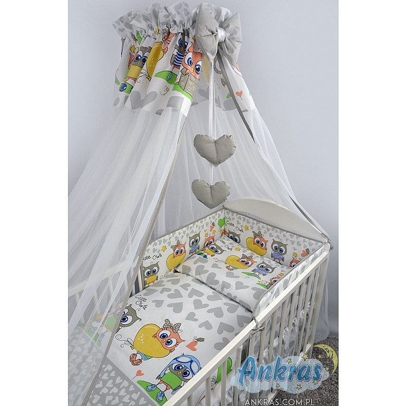 ANKRAS OWLS AND HEARTS Gultas veļas komplekts no 6 daļām 120x90/180cm grey