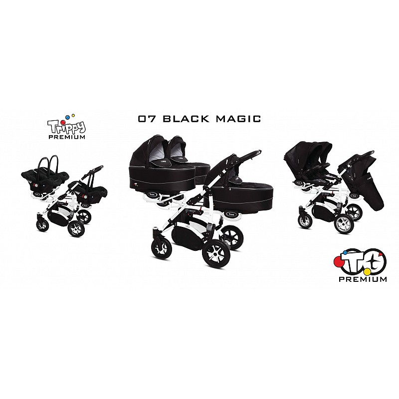 BABYACTIVE TRIPPY Premium Stroller for tripplets 3in1 07 BLACK MAGIC with white frame