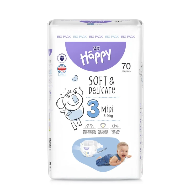 Happy Midi diapers (5-9 kg), size 3, pack of 70 pieces.